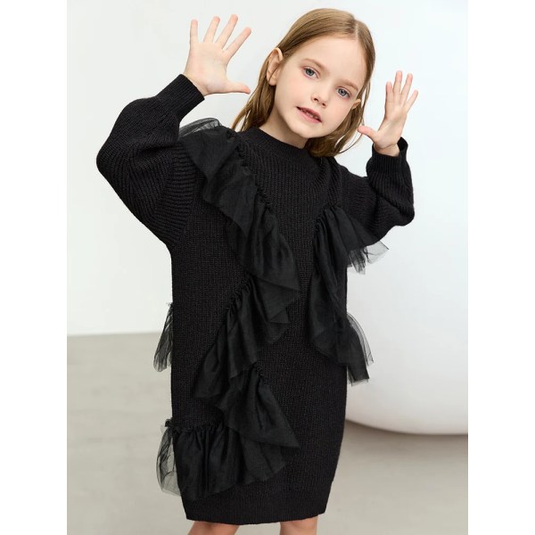 Barn 3-12 år Barnklänningar för flickor 2023 Höst Nya Solid Pullover Mesh Skarvad A-Line Helärmad Tröja Klänning 22323009 black 110cm