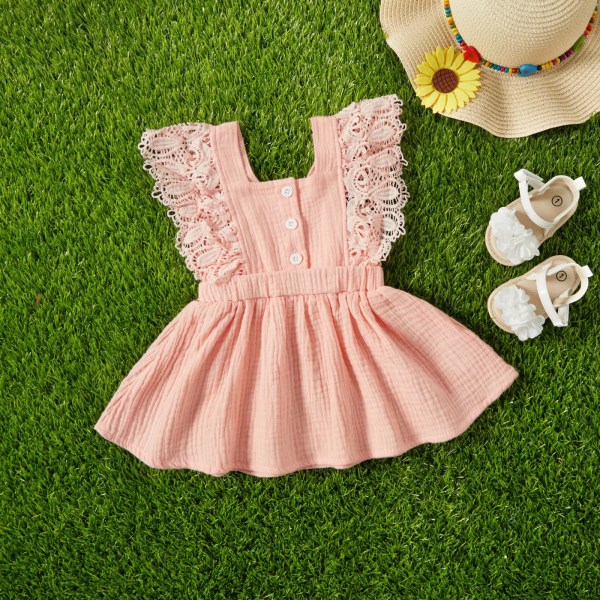 Baby Girl 100% bomull Crepe Spetsdekor Ärmlös klänning Pink 18-24Months