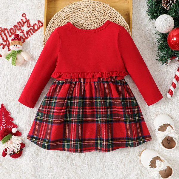 Julklänningar Baby Girl Kläder Röda Faux-två Långärmad volangkant Rosett Plädklänning fram Red 6-9 Months
