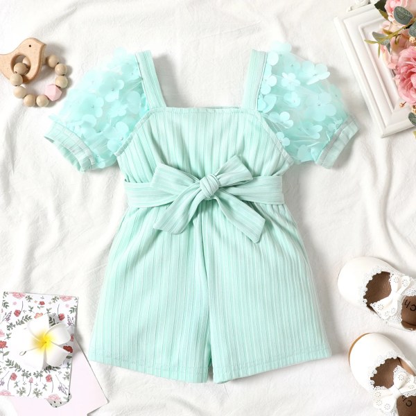 Baby Girl Rosa pärlor blommor Applikation Puff-sleeve Ribbed Belted Romper LightGreen 6-9 Months