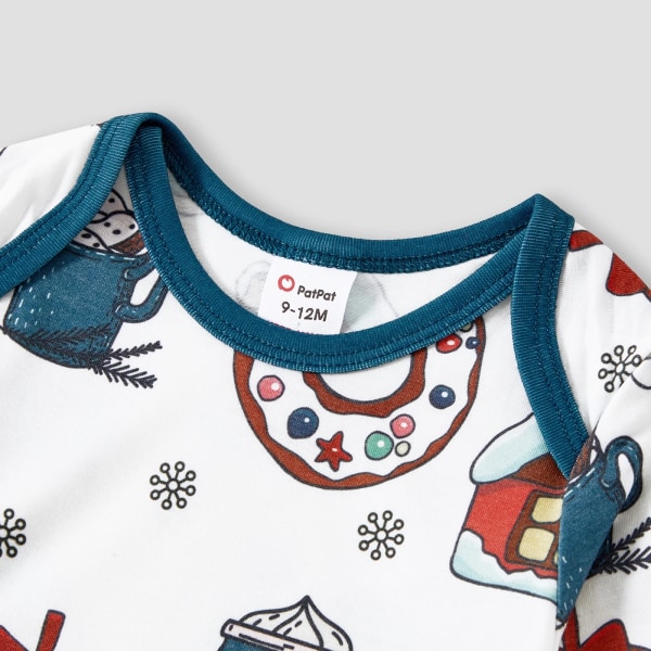 Julgult tecknat print Långärmad familjematchande pyjamasset (flammsäker) Turquoise Baby3-6M