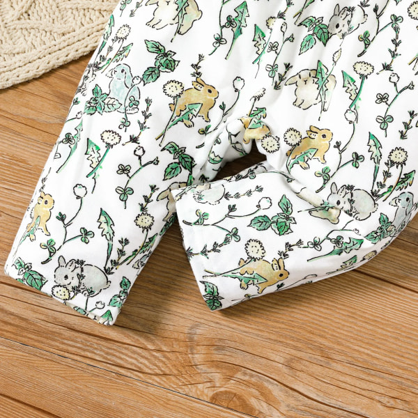 Baby Girl All Over Rabbit Print/Solid Ribbad V-hals Kortärmad Jumpsuit GrayGreen Newborn