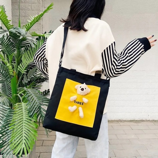 Hot Rea Damväska Kvinna Stor kapacitet Canvas Axelväskor Studenter Skolväska Cute Bear Handväska Tote Bag Shopper Bag white yellow