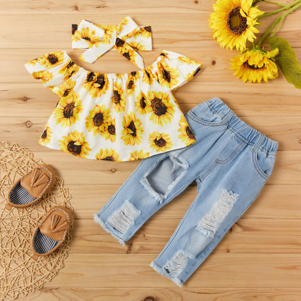 3 st Sunflower Print Set baby White 0-3Months