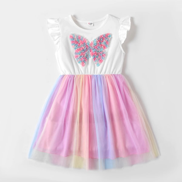 Kid Girl 3D Butterfly Applikation Mesh -klänning med fladdrande ärmar Pink 7-8Years
