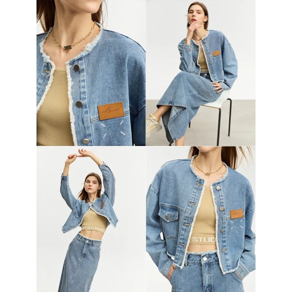 Minimalistisk Denim Nya klänningsset för kvinnor 2023 Höst Crew Neck Lös kappa Rak kjol Commuter Tvådelat set 12343096 denim blue jacket L