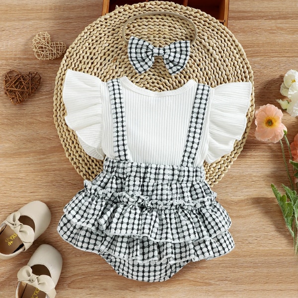 2st Baby Girl 95 % bomull Ribbstickad volang-ärm Bowknot Splicing Pläd Layered Romper med Pannband Set White 6-9Months