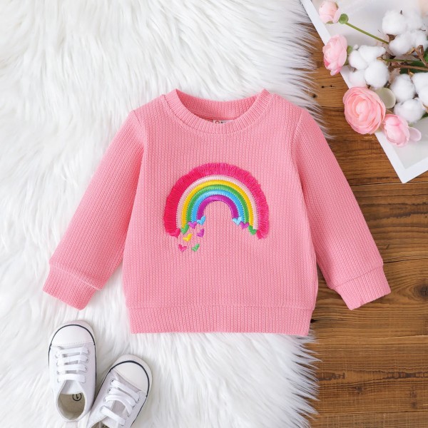 Baby flicka/pojke regnbåge broderad texturerad sweatshirt Pink 18-24Months