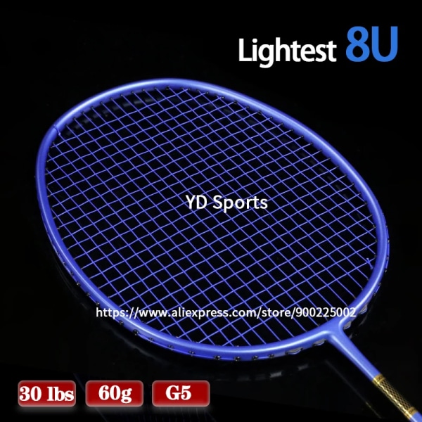 100 % full kolfiber Ultralätt 8U 60g badmintonracket med väskor Strängar 22-30LBS G5 Professionell racketsport för vuxna Black