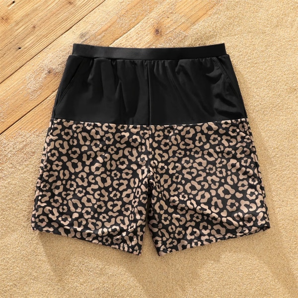 Familjematchande leopardskarv svarta badbyxor shorts och en axel självknytande baddräkt i ett stycke Black Women L