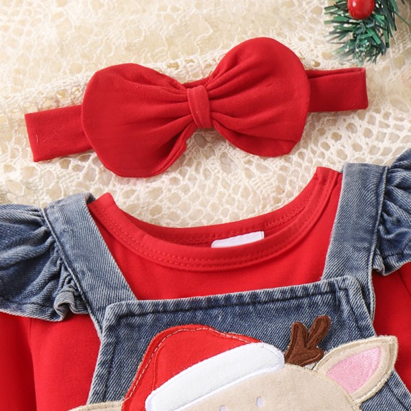 Christmas Deer Jeans Denim Set för Baby Girl med volangkant Red 12-18Months