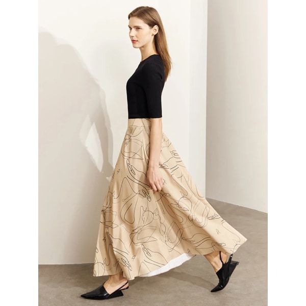 Minimalism Lång kjol för kvinnor 2023 Vår Nytt Elegant Mode Vintage Casual All-match Tryck Hög midja Kjol 12341094 Camel L