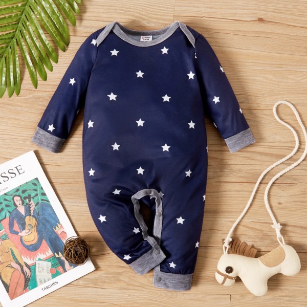 Baby Boy All Over Randig/Star Print Långärmad Jumpsuit DarkBlue 0-3Months