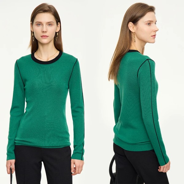 Minimalistisk 2023 höststickad tröja för kvinnor Ny skarvad rundhalsad topp med helärm Simple Slim Fit Pullovers 12343032 green XL