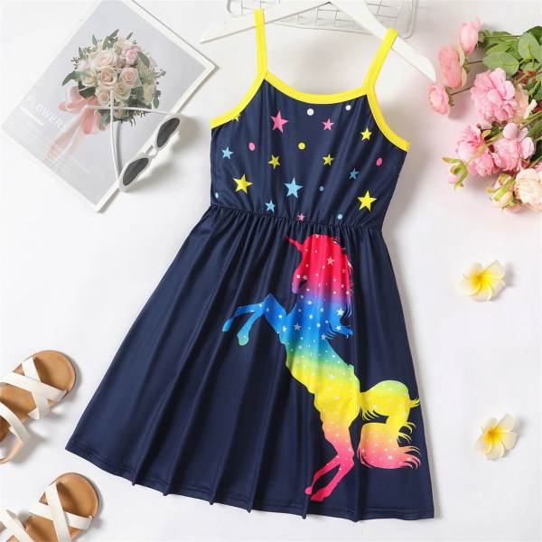 Kid Girl Unicorn Star Print Colorblock Slip Dress DarkBlue 9-10 Years