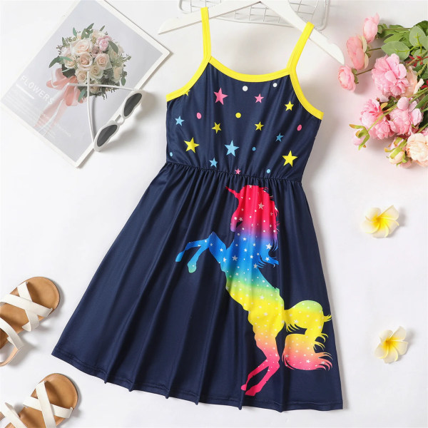 Kid Girl Unicorn Star Print Colorblock Slip Dress Pink 7-8 Years