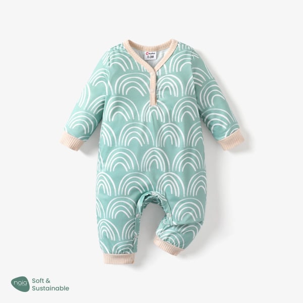 Baby Pojke/Flicka Naia Basic Geometriska Mönster Knapp Långärmad Jumpsuit Green 0-3Months