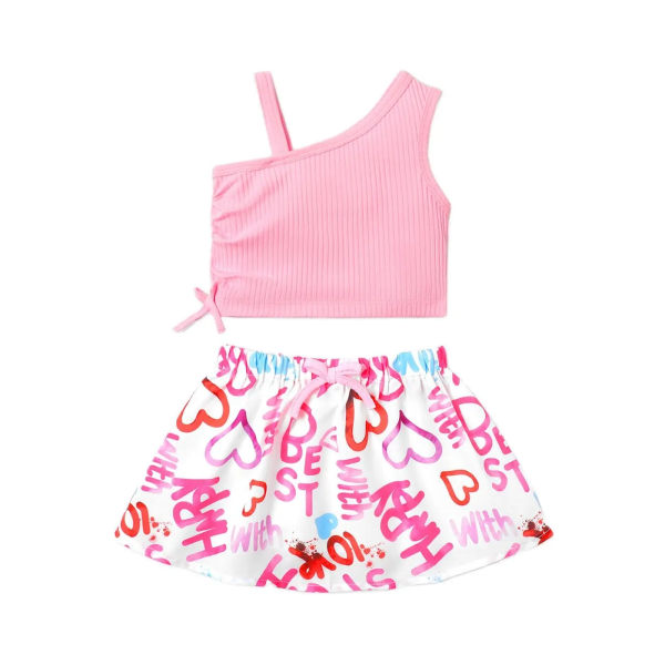 Baby Girl cKläder Bomull Ribbad One Shoulder Tank Top och Allover Heart & Letter Print Kjol Kort Set Pink 12-18 Months