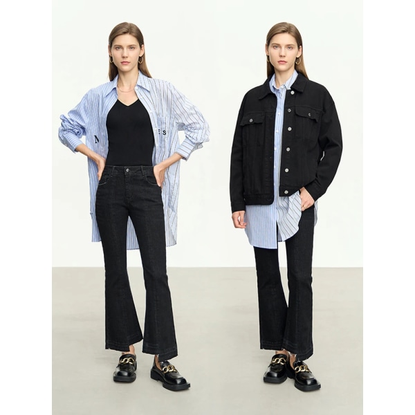 Minimalistiska svarta damjeans 2023 Höst Slimma ankellånga nya byxor Asymmetrisk utsvängd Retro Casual Byxa 12343026 black S