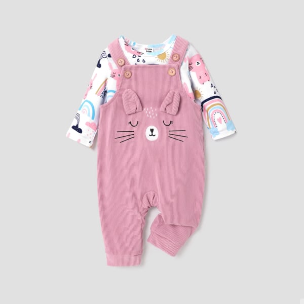2st Baby Girl Allover Cat & Rainbow Print Långärmad t-shirt och broderad set Pink 3-6Months