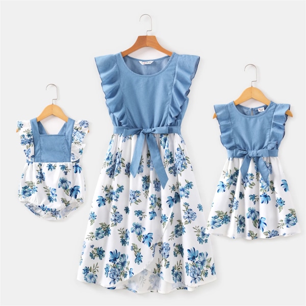 Mamma Barn Klänning Blå Volang Ärmlöst print Bältesklänning Familj Matchande klänningar för mamma och dotter Light Blue Women L