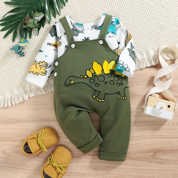 2st Baby Boy Allover Dinosaur Print Långärmad T-shirt och broderade set Green 0-3 Months