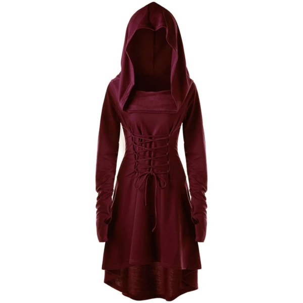 Gothic Witch Elven Mini Tail Dress Dam Långärmad Huva Halloween Kostym Nienna Spetsrock Hög Lågskuren Tunika Plus Size Claret Red 5XL