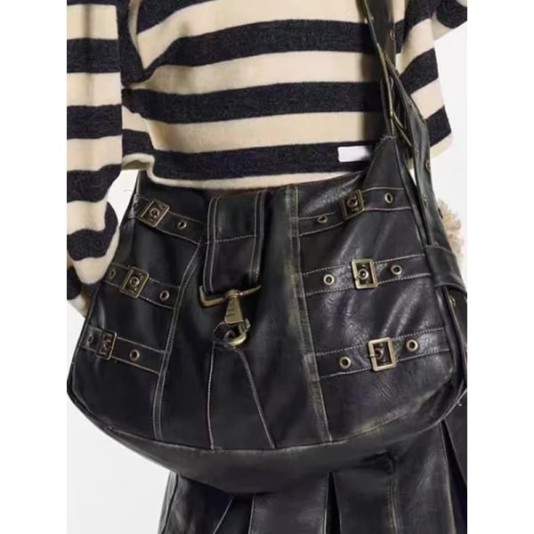 Y2K Dam Streetwear Harajuku Vintage Grunge Black Purse Handväskor Messenger Shoulder Armhåla Väska Pu Läder Tote Crossbody-väskor Black