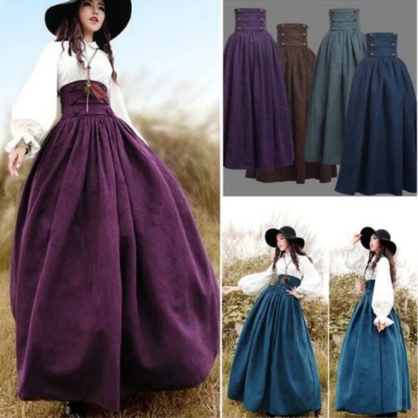 Vintage medeltida renässansveckad Maxikjol för kvinnor Halloween kostym hög midja klänning Big Swing Kjol Plus storlek 3XL Purple S