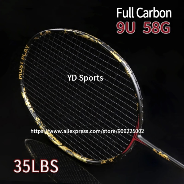 Professionell Ultralätt 9U 100% helkolfiber badmintonracket med snörepåsar Träningsracket G4 13KG Maxspänning 35LBS 9U