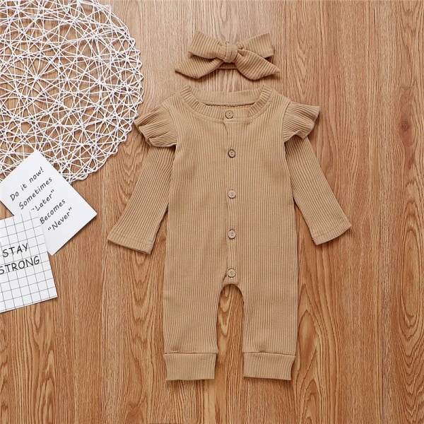 2021 Ny vår och höst Baby Solid Jumpsuit med Pannband Set för Baby Girl Bebiskläder Khaki 0-3 Months