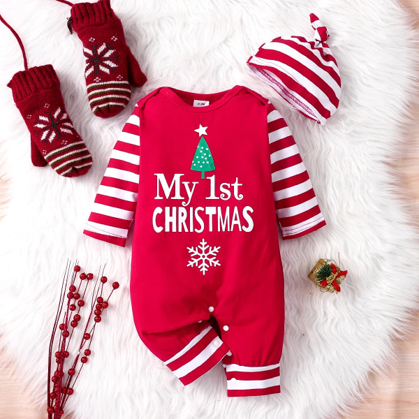Jul 2st Baby Pojke/Flicka 95 % bomull Randig Print Jumpsuit med Hatt Set Red 6-9Months