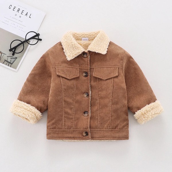 Toddler flicka/pojkerock Lapelkrage Knappdesign Fleecefodrade kappor för barn Vinter Ytterkläder Varma kläder Khaki 4-5 Years