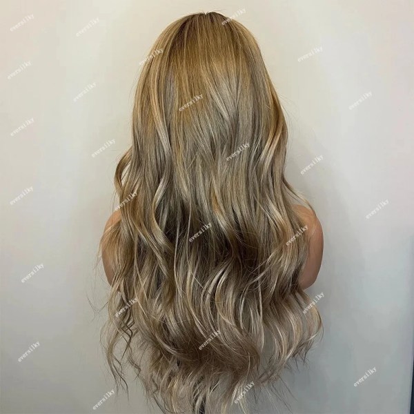 Bangs Peruk Helspets Highlight Peruk Ljusbrun Karamell Blond 13x6 HD Spets Front Peruk Ombre Loose Wave Remy Human Hair Fringe Peruker 13x6 lace front 14inches