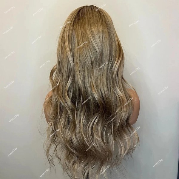 Bangs Peruk Helspets Highlight Peruk Ljusbrun Karamell Blond 13x6 HD Spets Front Peruk Ombre Loose Wave Remy Human Hair Fringe Peruker 13x6 lace front 18inches