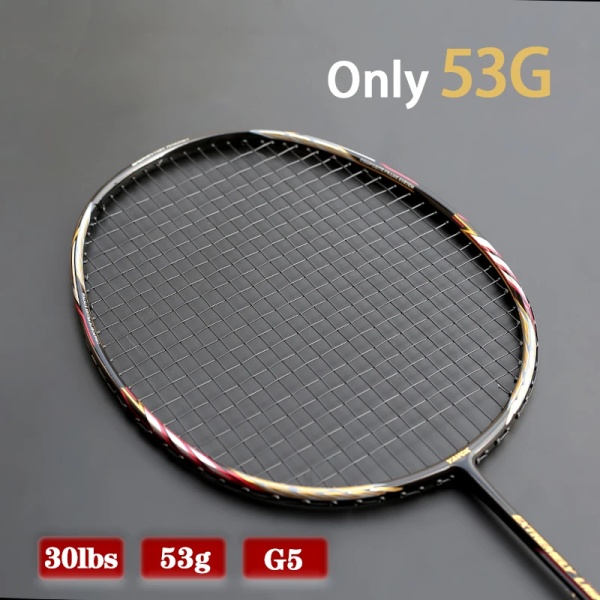 Superlätt 10U 53G 100% kolfiber badmintonracket med snören Väskor Professionell träningsracket 20-30LBS G5 Speed ​​Vuxna Black