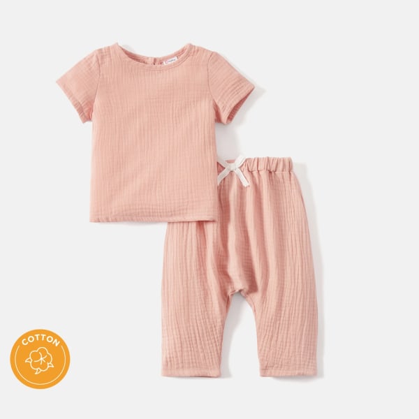 2st Baby Girl/Pojke 100 bomullsknappdesign Enfärgad Crepe Tee och Byxa Set Pink Baby6-9M