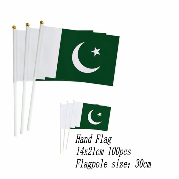 zwjflagshow Pakistan Handflagga 14*21cm 100st polyestertyger Pakistan Liten Handviftande flagga med plastflaggstång för dekoration Blue and White Stripe 14x21cm 100pcs