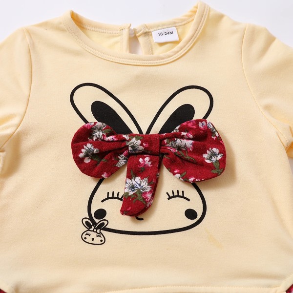 Baby Girl 95 % bomull Långärmad tecknad kanin och blommigt print Bowknot Faux-two-klänning Red 3-6Months