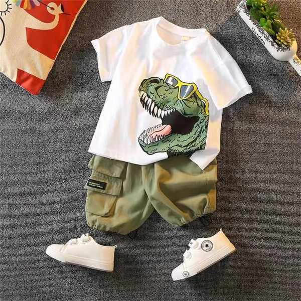 2st Toddler Boy Lekfull Dinosaur Print Tee & Cargo Shorts Set White 5-6 Years