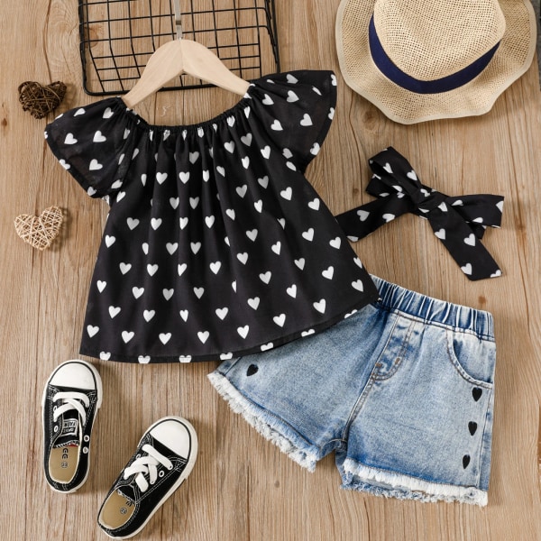 3 st Toddler Girl Heart Print Off Shoulder Blus och jeansshorts & set Black 4-5Years