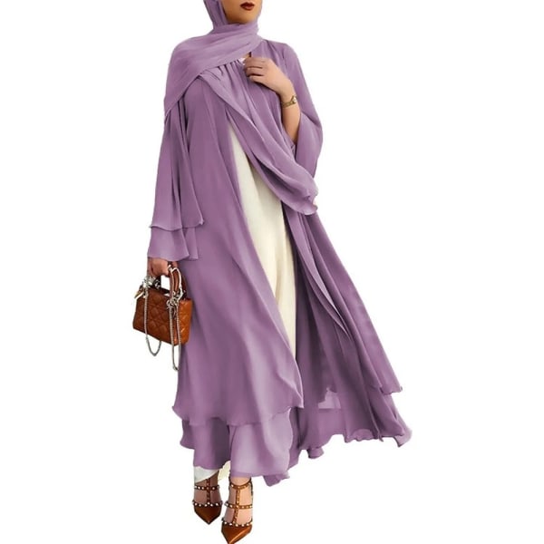 Ramadan Open Chiffong Abaya Dubai Kvinnor Sash Marocain Kaftan Eid Hijab Lång mantel Muslimsk mode Kläder Turkiet Vestido De Mujer Dress-hijab-purple S