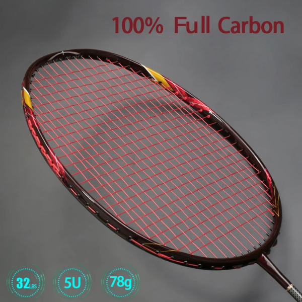 100 % kolfibersträngad badmintonracket 3 färger Superlätt 5U bambu hantverksracket Sportväska Professionell racket Red
