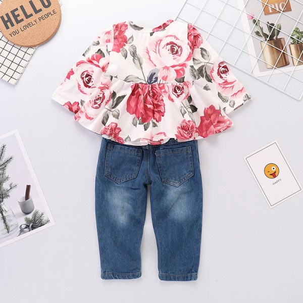 Nya våren 2-delad Sweet Floral Ruffle Långärmad topp och jeans Baby Toddler Girl Set Baby Girl kläder Multi-color 12-18 Months