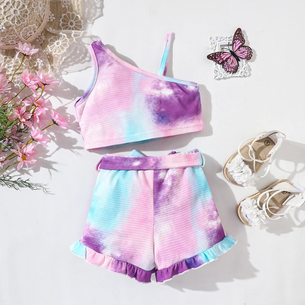 2 st Toddler Girl Trendig Tie Dye Waffle Camisole och bältade shorts Set Purple 5-6 Years