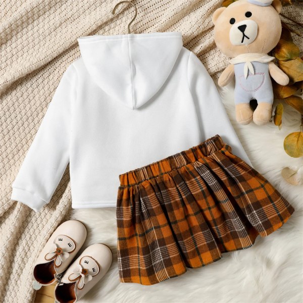 2-delad Toddler Girl Bear Broderad Hoodie Sweatshirt och Rutig kjol Set White 3-4 Years