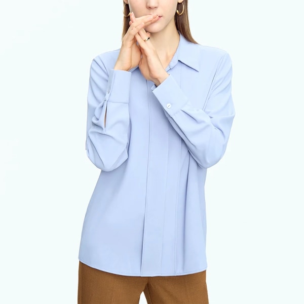 Minimalistiska skjortor och blusar för kvinnor 2023 Höstnya Commuter Basics Turn-down krage Skarvad Enkel långärmad topp 12323018 blue L
