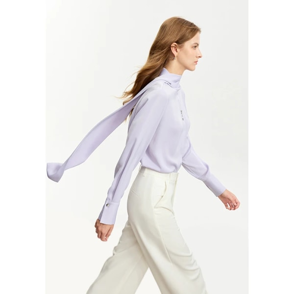 Minimalistisk fransk chiffongskjorta för kvinnor 2023 Höst Ny stativkrage Rose Spänne Lös solid helärmad blus 12323039 lilac XL