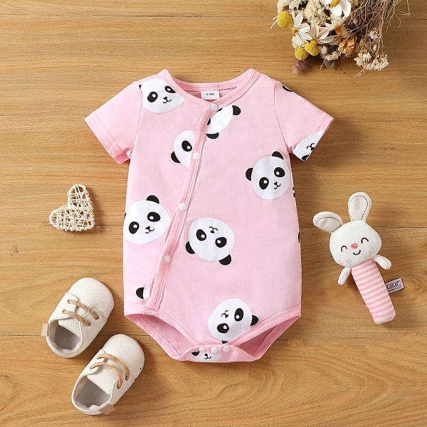 Baby Girl Allover Panda Print Kortärmad Onesies Pink 9-12Months