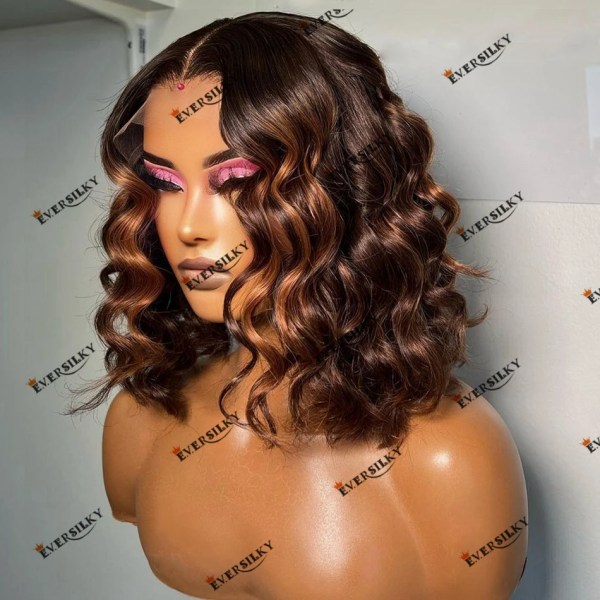 Deep Wave Caramel Highlight Brown Bob Frisyr Brasiliansk Remy Hair Spets Frontal Peruk för svarta kvinnor 180 Densitet 13x6 Spets 360 Lace Frontal 14inches